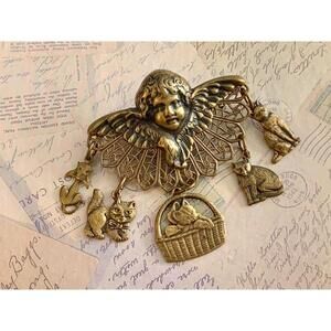 Vintage Angel & Cats Dangle Brooch Antiqued Brass Cherub Feline Charms Victorian
